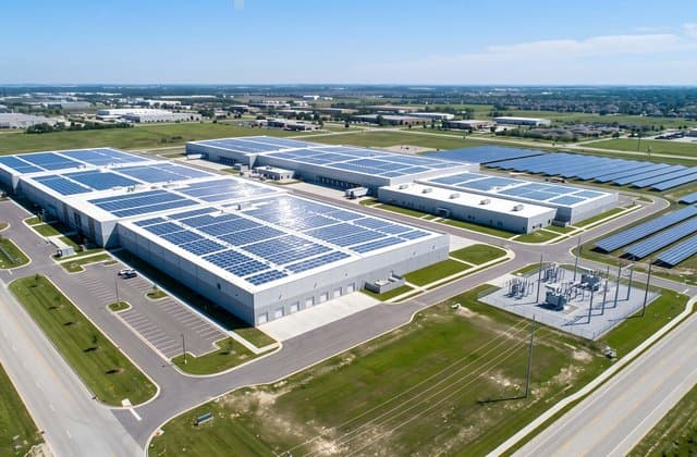 Aerial view of a large data centre facility in Australia, featuring rooftop solar panels and surrounding energy infrastructure. thumbnail