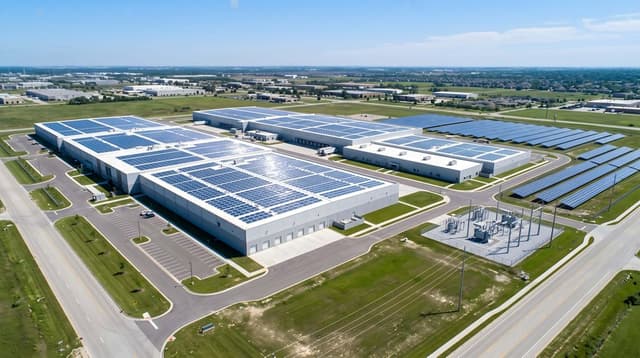 Aerial view of a large data centre facility in Australia, featuring rooftop solar panels and surrounding energy infrastructure.