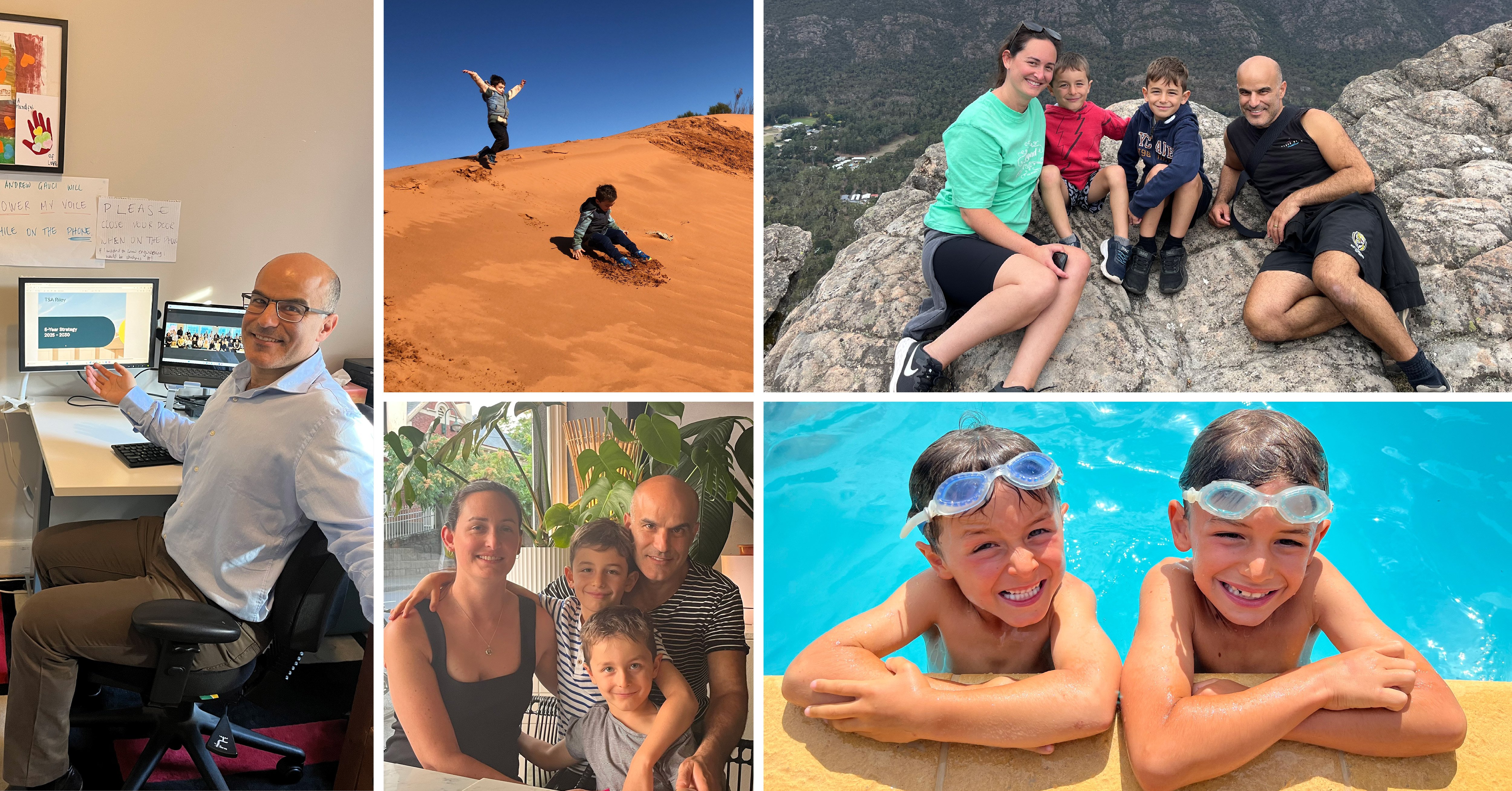 Far left: Andrew working from home – quietly – with the infamous “keep it down” Post-its  . The rest: Family adventures in full colour.
