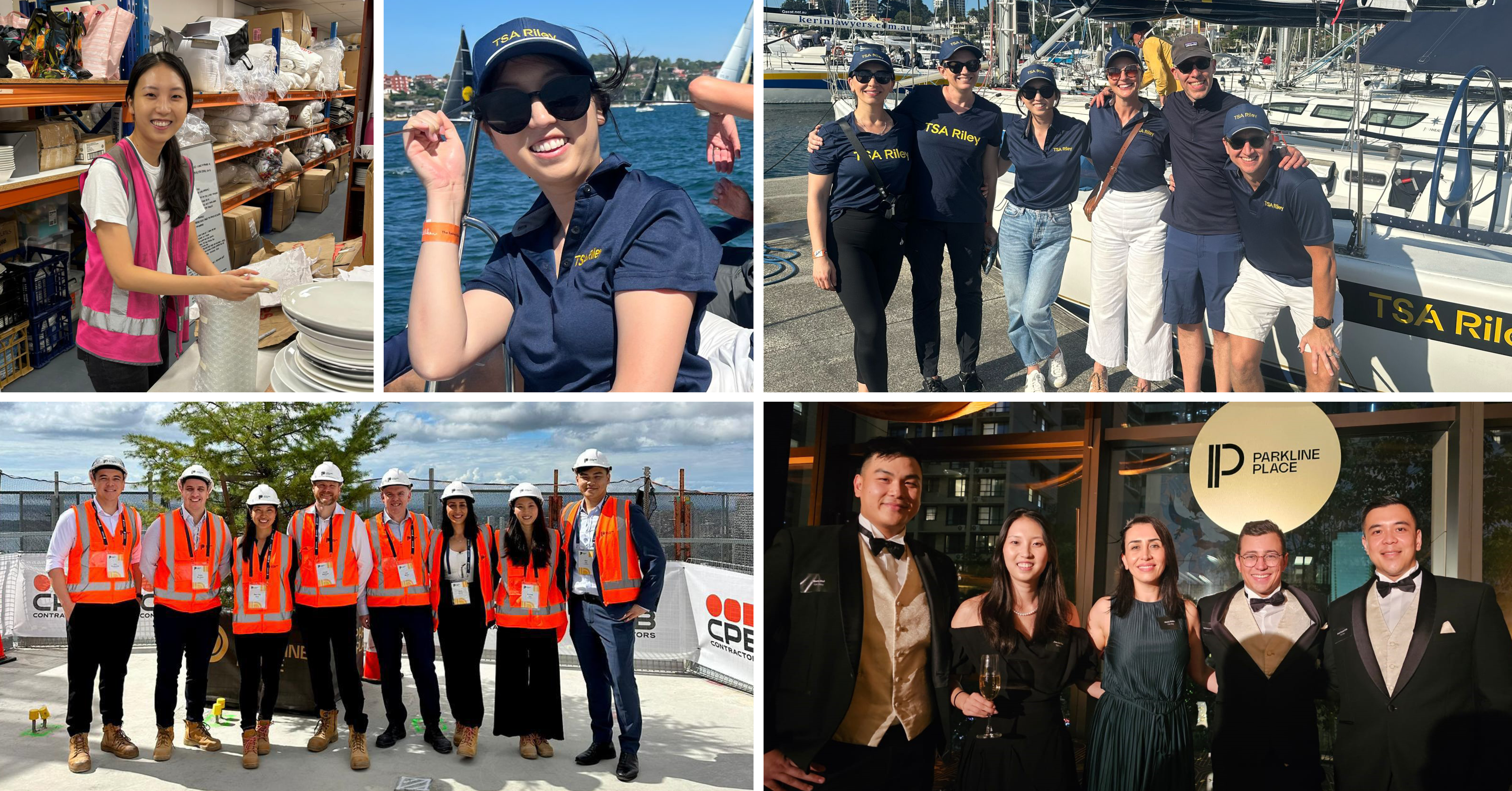 Top left: Volunteering with client Investa at a ReLove charity day, packing plates to help set up a new home for a woman rebuilding her life. Top centre and right: With our winning TSA Riley–Atlassian crew at the Property Industry Foundation Regatta. Bottom left: Attending the Parkline Place topping out ceremony with the Investa team. Bottom right: At the Parkline Place Gala Celebration for the building’s official opening in March 2025.