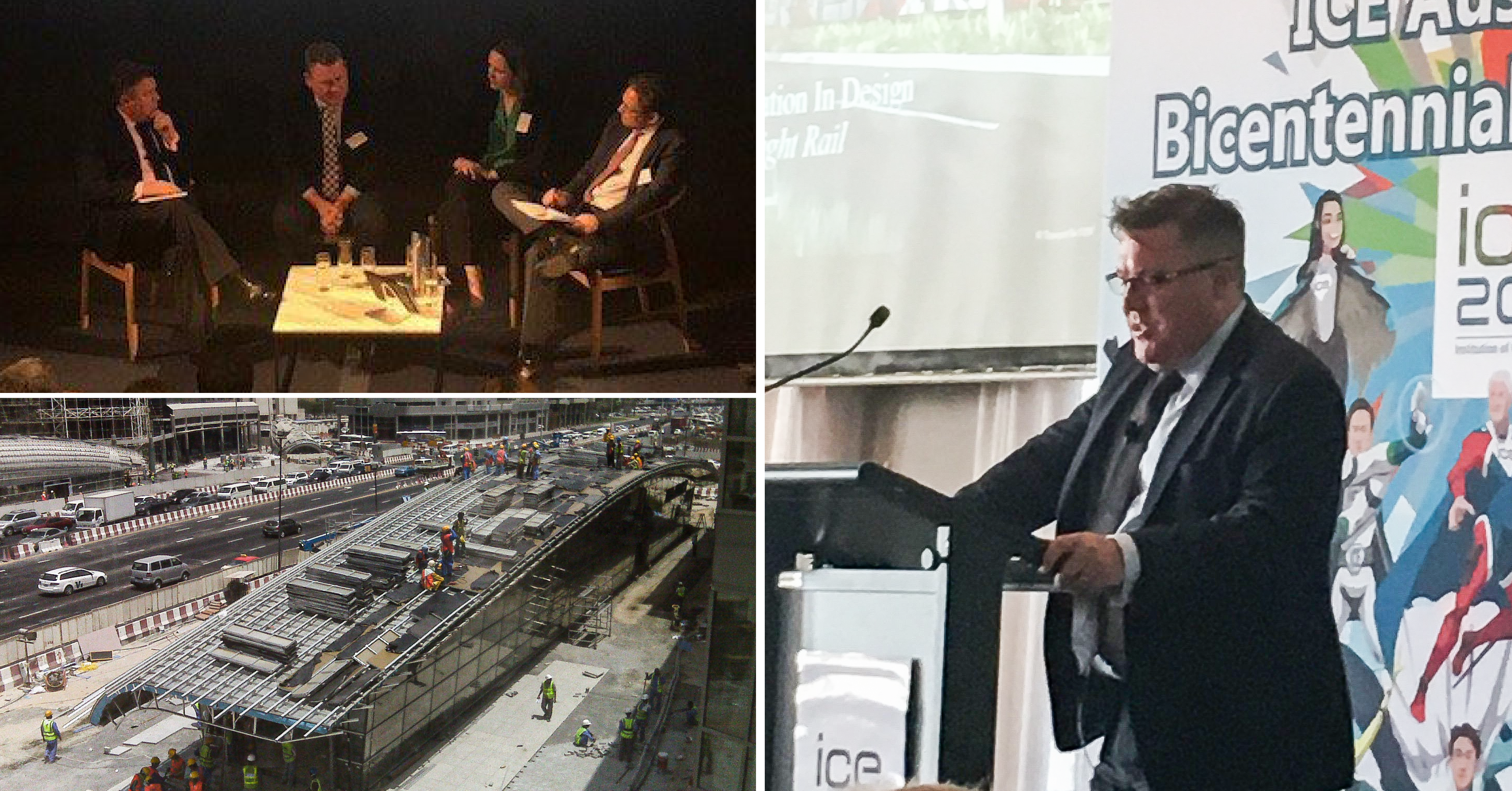Top left: Grant on the Pinsent Masons Infrastructure Review of the Year panel. Bottom left: Dubai Metro under construction – one of the world’s largest automated rail networks. Right: Presenting on digital innovation at the ICE Australasia Bicentennial Conference in Sydney.