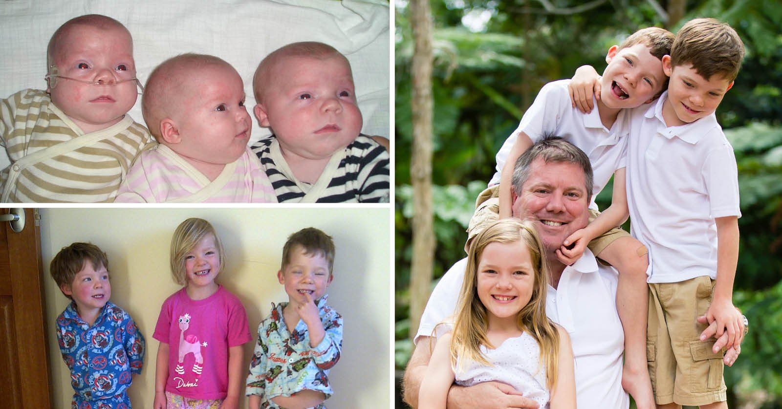 Top left: The triplets as newborns. Bottom left: Same trio, a little more grown. Right: Grant with the triplets not long after returning to Australia.