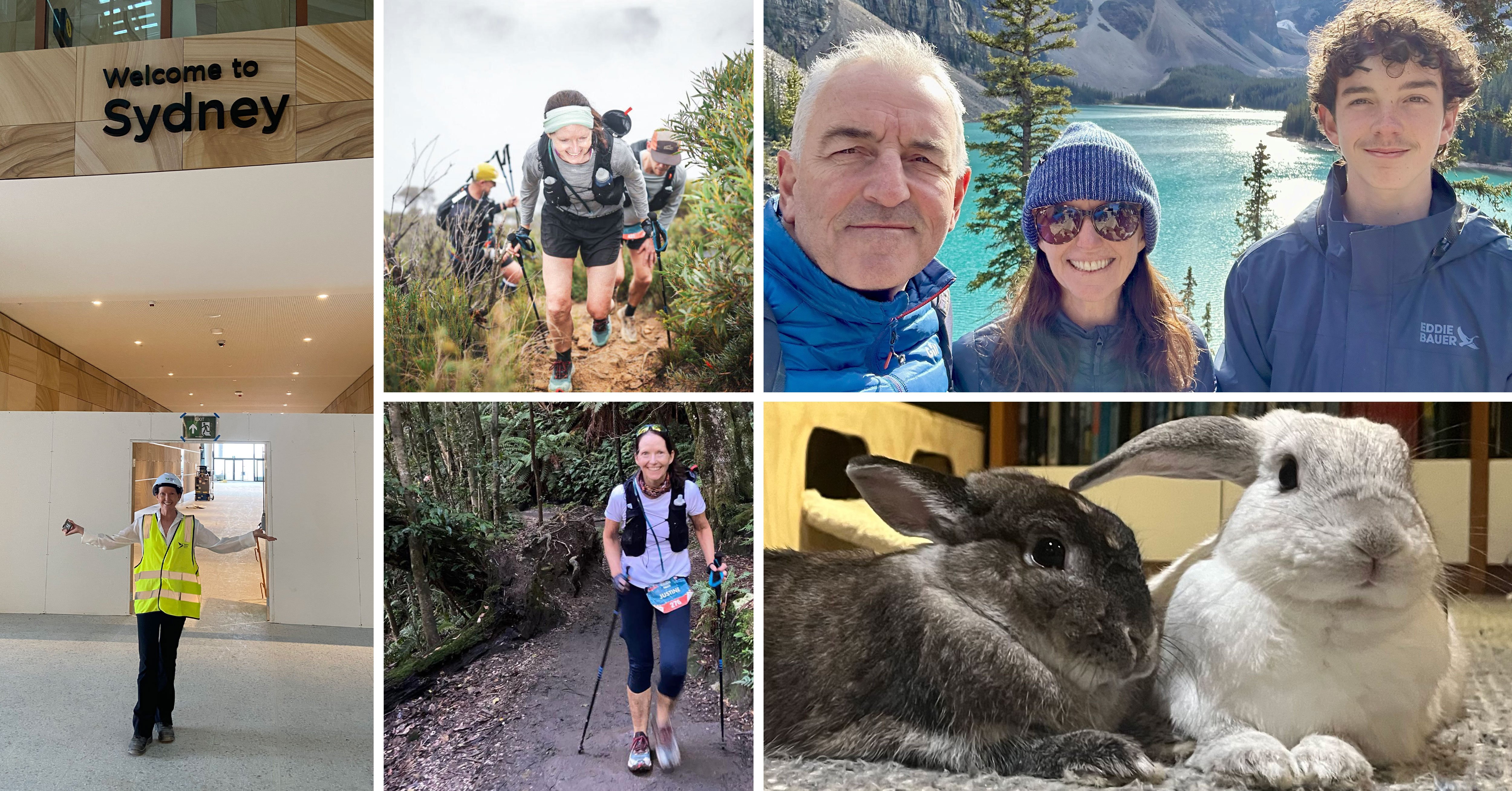 Far left: Justine at Western Sydney International Airport; Top and bottom centre: Running ultramarathons; Top right: With her husband and son at Moraine Lake, Canada; Bottom right: Tom and Josephine, an integral part of the family.