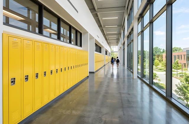 Modern school corridor with yellow lockers, large windows and students walking in the distance. thumbnail