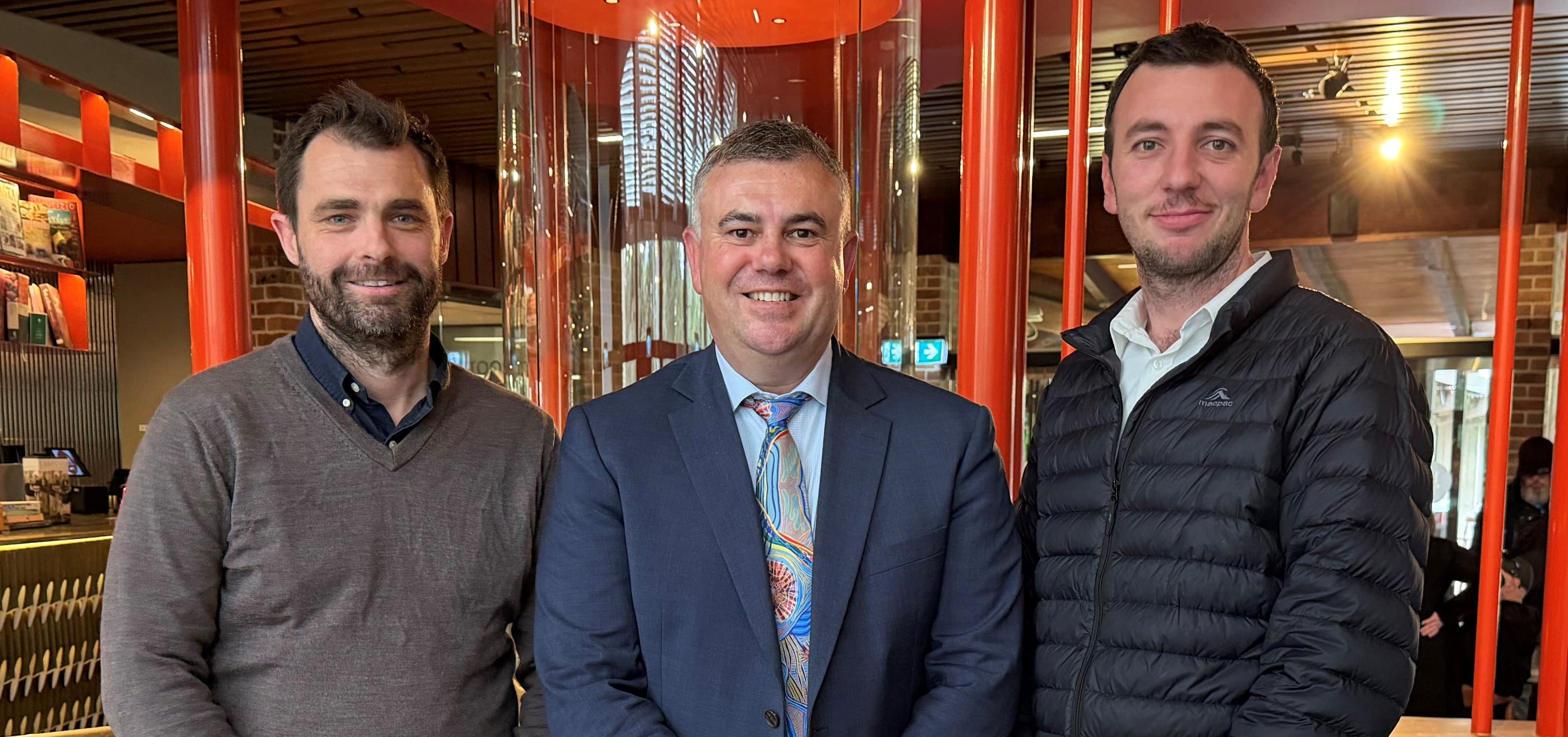 David Browning and Michael Trajkov from TSA Riley with Nathan Towney (centre), Interim Deputy Vice-Chancellor – Engagement and Equity at the University of Newcastle, at the 2026 Indigenous Nationals VIP luncheon.