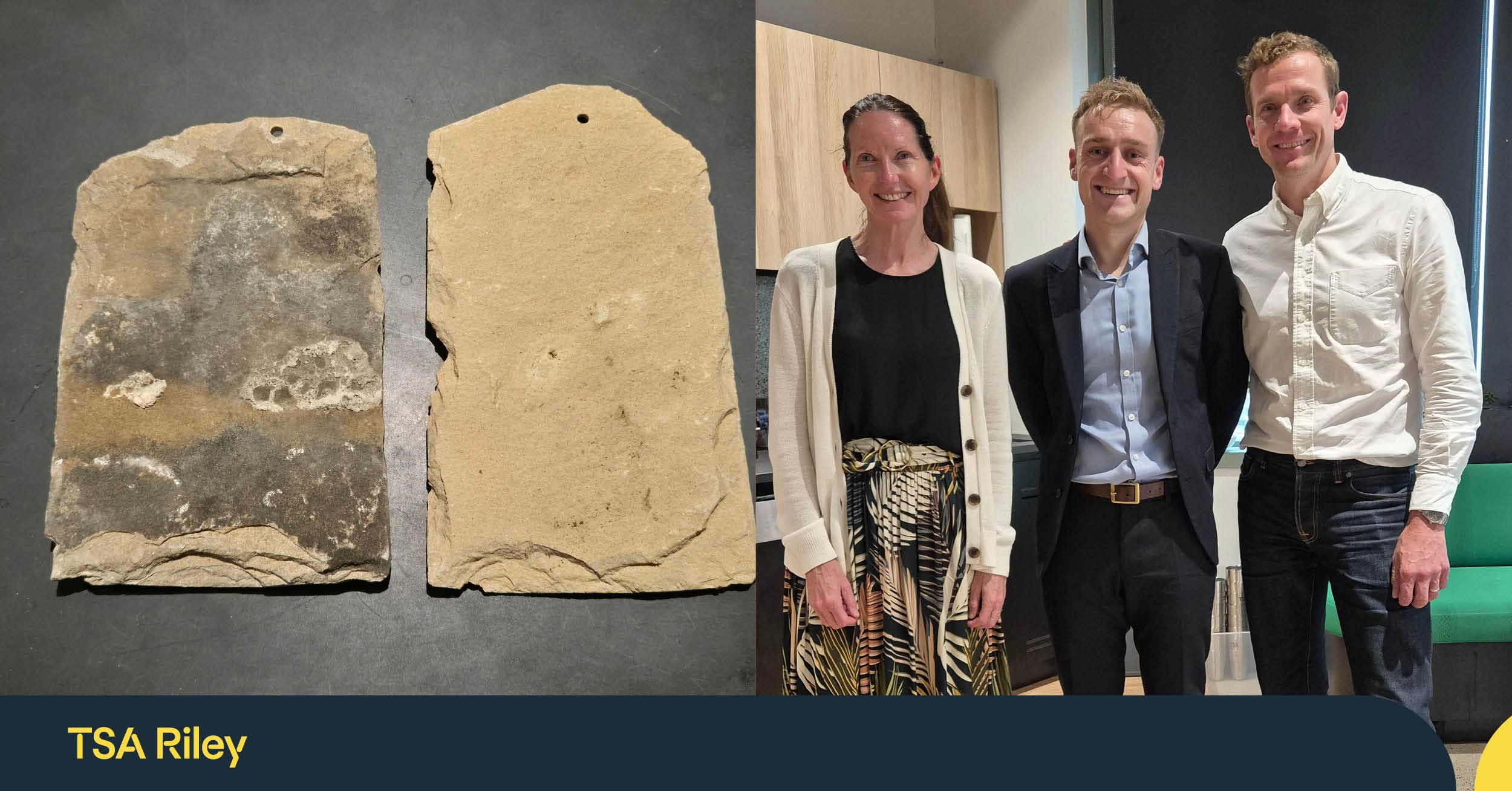 Left: historic and newly cut roof slate from Clare College. Right: Jonah with Justine Kinch, Regional General Manager NSW, and James Marsden, Australian Project Management Lead.