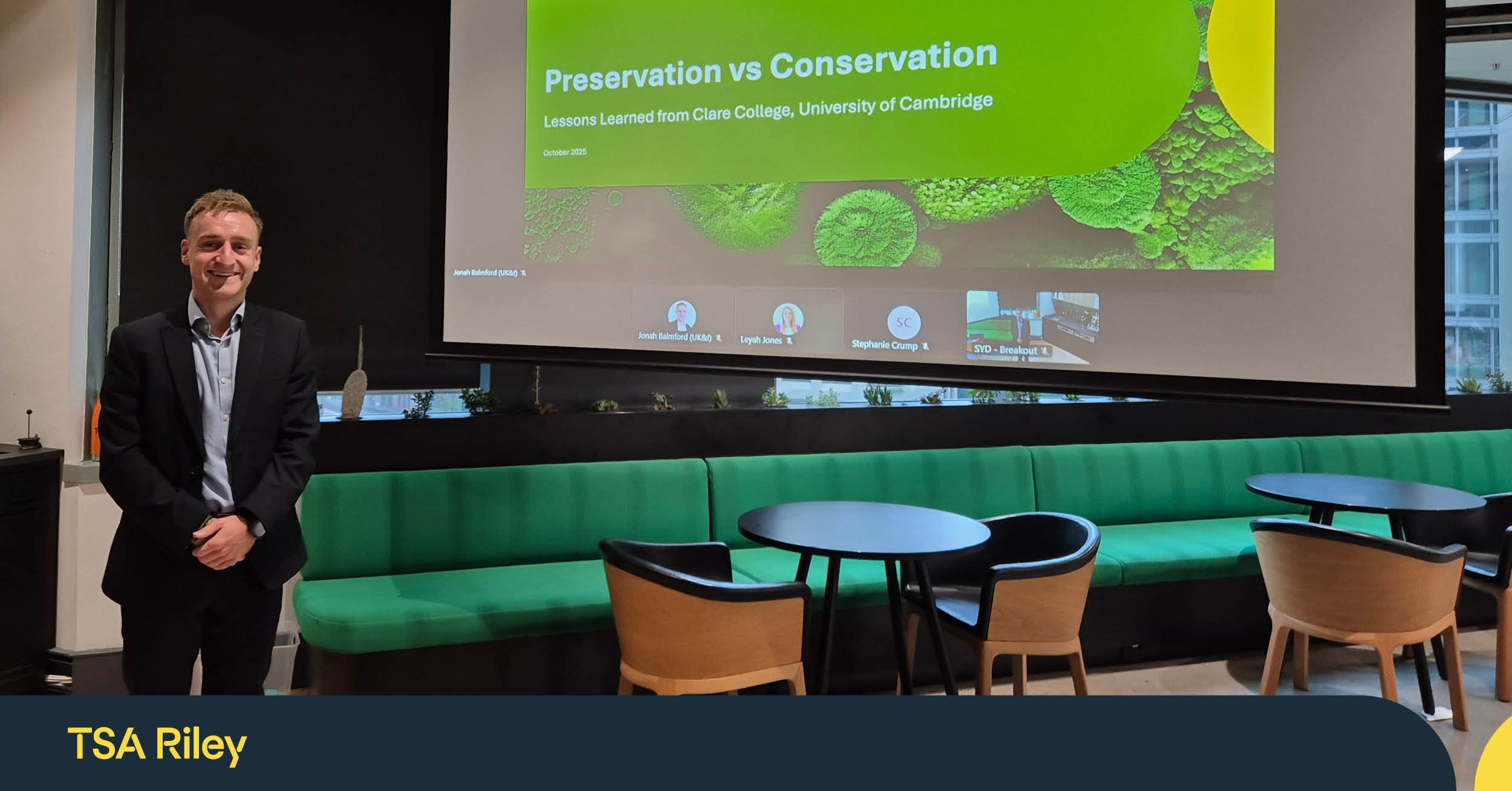 Jonah Balmford delivering his Preservation vs Conservation: Lessons Learned from Clare College presentation to the NSW team in our Sydney office.