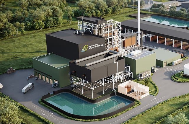 Project render of the East Rockingham Waste to Energy facility, showing the main processing building, stack, site infrastructure and surrounding landscape. thumbnail
